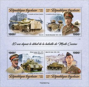 TOGO - 2023 -Battle of Monte Cassino, 80th Anniv-Perf 4v Sheet-Mint Never Hinged