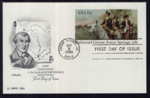 US UX90 Nathanael Greene,Eutaw Springs Postal Card Artmaster U/A FDC