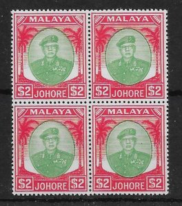 MALAYA JOHORE SG146 1949 $2 GREEN & SCARLET BLOCK OF 4 MNH