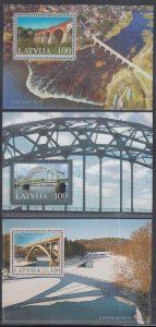 LATVIA Sc # 557,74,99 SET of 3 MNH SOUVENIR SHEETS of DIFFERENT BRIDGES