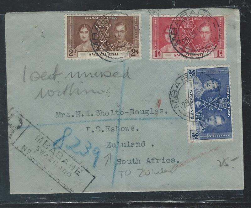 SWAZILAND (P0110B) 29 JU, 1937 CORONATION SET REG MBABANE TO ZULULAND