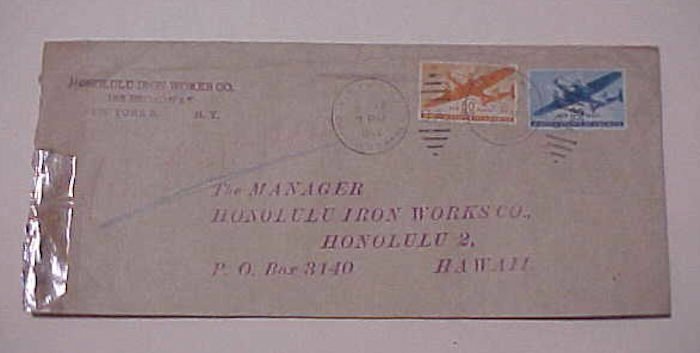 HAWAII  CENSORED  COVER 1944  FROM NEW YORK 50cents AIRMAIL