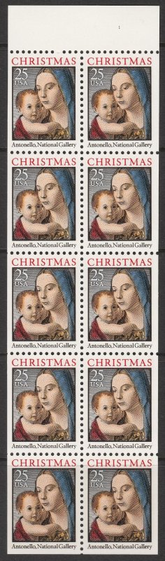 #2514b Christmas Booklet of 1990 Never Folded Pane of 10 MNH