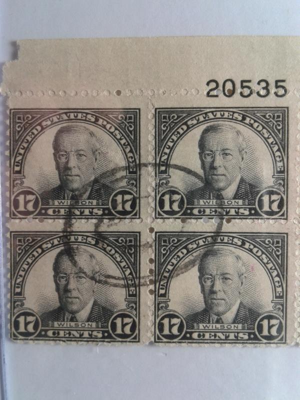 SCOTT # 623 AMAZING !!  USED SEVENTEEN CENT PLATE BLOCK VERY FINE CONDITION !!