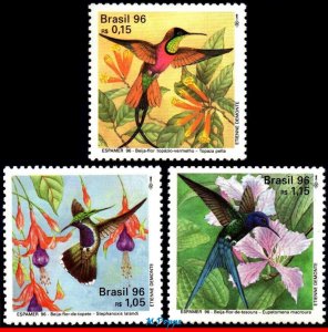 2583-85 BRAZIL 1996 HUMMINGBIRDS AND FLOWERS, BIRDS, MI# 2700-02, SET MNH