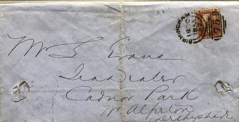 GB QV 1855 COVER PENNY RED STAR ‘FQ’ TO ALFRETON FROM BIRMINGHAM DT 18TH OCT ‘55 