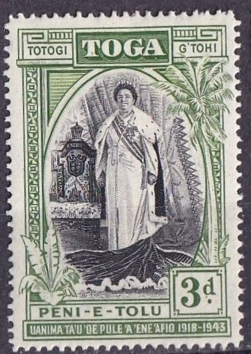Tonga 84 (mh) 3p Queen Salote, dk yel grn & black (1944)