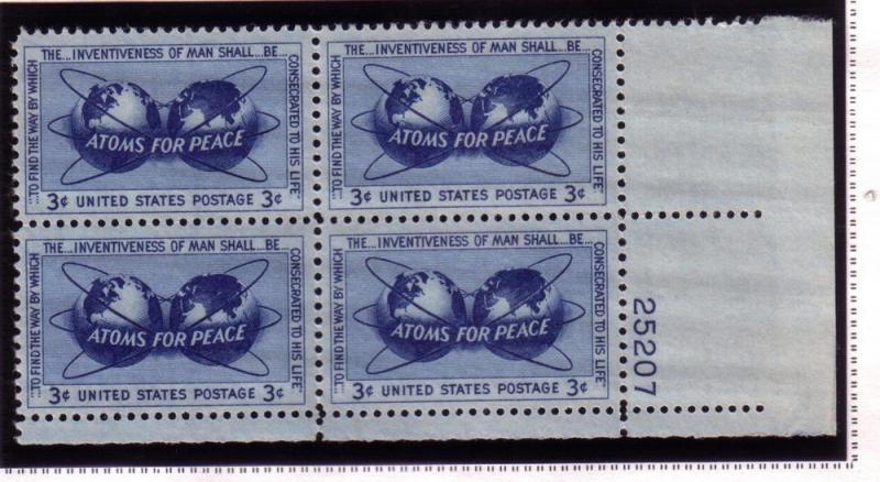 US #1070 3c Atoms for Peace Plate Block of 4 (MNH) CV $0.45