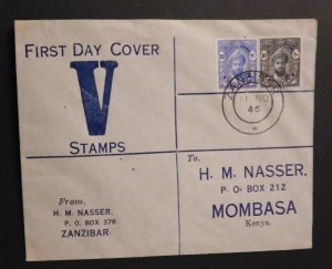 1946 First Day Cover V Stamps Zanzibar to Mombasa Kenya KUT FDC