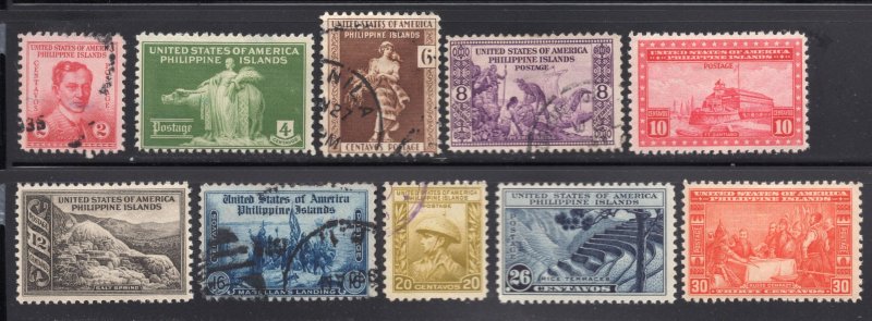 Philippines 1935 Short Set of 10 Pictorials, Scott 383-392 MH & used