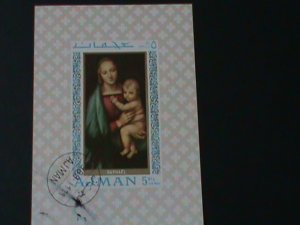 ​AJMAN-CHRISTMAS PAINTING-VIRGIN & THE CHILD IMPERF-CTO-S/S-VF-FANCY CANCEL