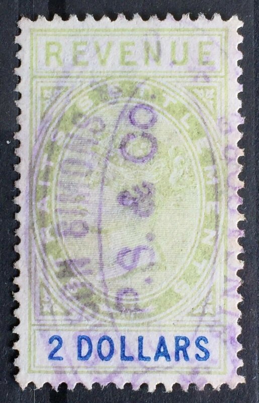 Malaya Straits Settlements 1888 QV Fiscal/Revenue $2 Used ISC#R42 M2373