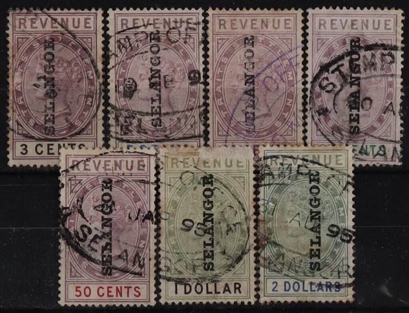 MALAYA - Selangor 1891 seriffed 'SELANGOR' on QV Revenue 3c-$2, reading up.