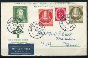Germany 1952 Post Card Sent To USA  Lutheran World Federation Assembly/Hannover