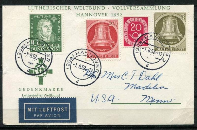 Germany 1952 Post Card Sent To USA  Lutheran World Federation Assembly/Hannover