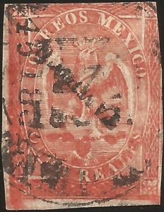 J) 1864 MEXICO, II PERIOD, IMPERIAL EAGLE, 8 REALES RED, CIRCULAR CANCELLATION,