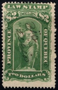 1893 Canadian Revenue 2 Dollars Quebec Law Stamp Used Manuscript Cancel
