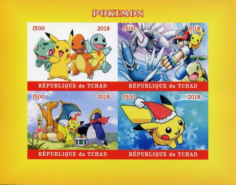 Chad 2018 MNH Pokemon Squirtle Pikachu Charmander Bulbasaur 4v IMPF M/S Stamps 