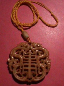 CHINA ANCIENT VERY OLD JADE PENDENT, TWIN DRAGONS WITH LONG LIVES CHARM,