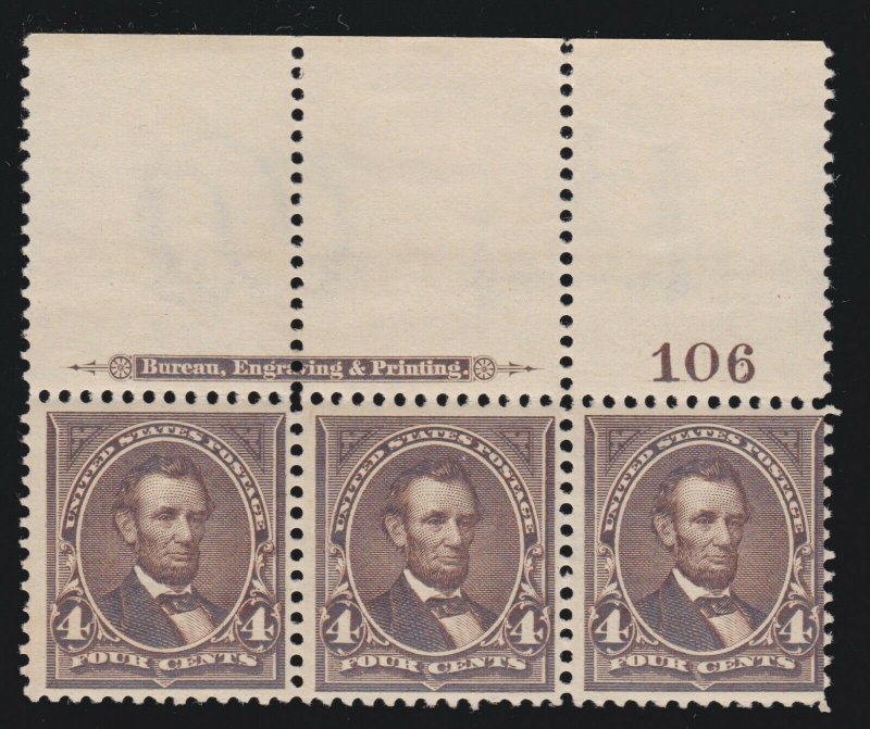 US 269 4c Lincoln Mint Full Top Plate # Strip of 3 F-VF OG NH SCV $450 (001)