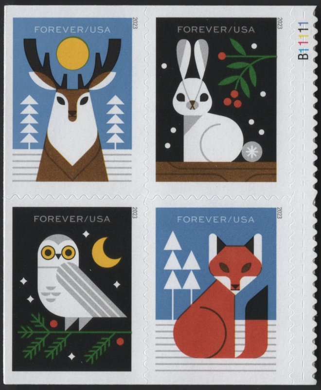 SC#5822-25 (Forever) Winter Woodland Animals Block of Four (2023) SA