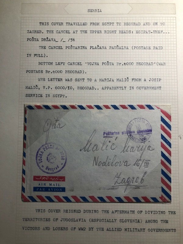 1956 Yugoslavia Government In Egypt Airmail Cover To Zagreb Via Belgrade