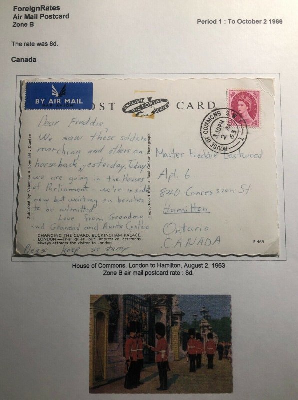 1963 House Of Commons London England Picture Postcard Cover To Hamilton Canada