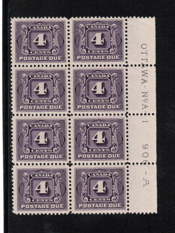 Canada #J3 Very Fine Never Hinged Plate #1 Right Block Of Eight