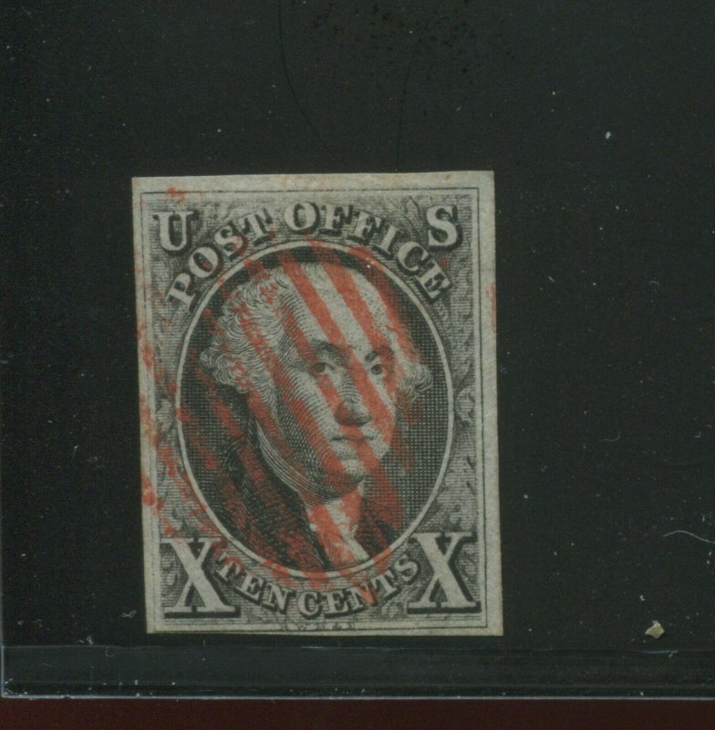 Scott 2 Washington Imperf  Used Stamp with 10 Bar Red Cancel (STOCK 2-A3)