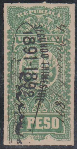 URUGUAY REVENUES 1891-92 DOMUENTARY Forbin 150 LITHO UNLISTED PEN CANCEL XF