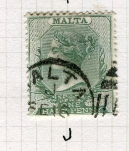 MALTA; 1885 classic QV Crown CA issue used Shade of 1/2d. value Postmark J