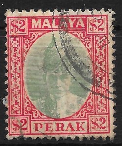 MALAYA PERAK SG120 1940 $2 GREEN & SCARLET USED (p)