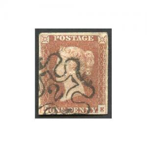 1841 Penny Red (DE) Plate 27 with 2 in Cross Thin and Pin Holes but Four Margins