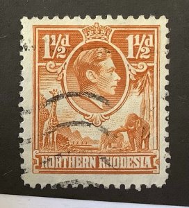 Northern Rhodesia 1938 Scott 30 used - 1.½p, King George VI, giraffe & elephants