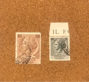 Stamps Of Italy 100 and 5 Lire Republica Italiana Star Water Markings.