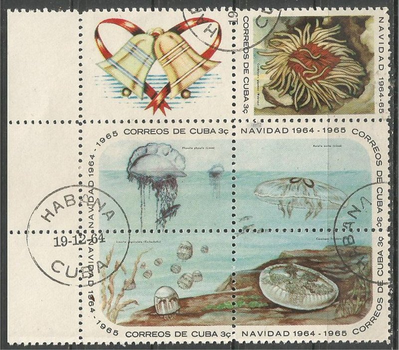 CUBA, 1964, CTO 3c, Block of 5 + label, Coral, Scott 921a