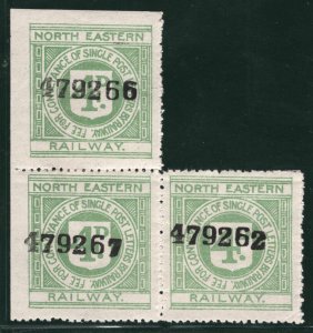 GB NER RAILWAY KGV Letter Stamp 4d North Eastern (1920) BLOCK{3} Mint RSB115