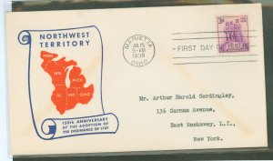 US 837 1938 3c Northwest Territory /150th Anniversary (single) on an addressed (typed) FDC with an unknown publisher's c...