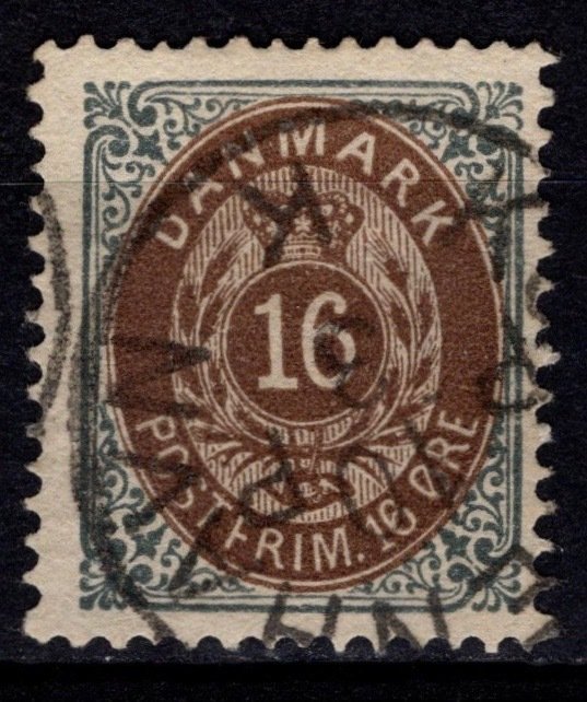 Denmark 1875-1903 Definitive, 16o brown / bluish grey inverted border [Used]