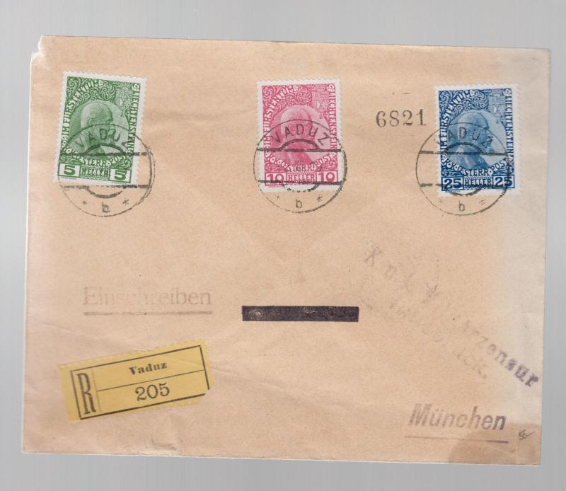 1915 Vaduz Lichtenstein registered cover to Munich German Comp Set # 1-3 KUK