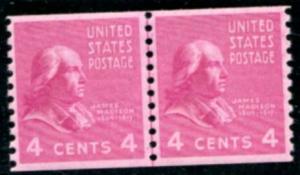 US Stamp #843 MNH - James Madison - 4 cent Prexie Coil Line Pair