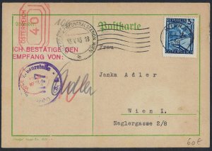AUSTRIA ISRAEL JUDAICA 1946 CENSORED TELEGRAPH CARD AGUDAS JISRAEL TO JANKA ADLE