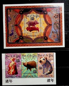 GRENADA Sc 2422-3 NH STRIP+S/S OF 1995 - YEAR OF THE PIG - (DF25)