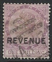 DOMINICA 1877 Sc 9 Used 1sh VF, REVENUE Ovpt, A07 (Roseau) cancel