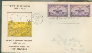 US 838 1938 3c Iowa Territory Centennial pair on an addressed FDC with an unknown cachet publisher