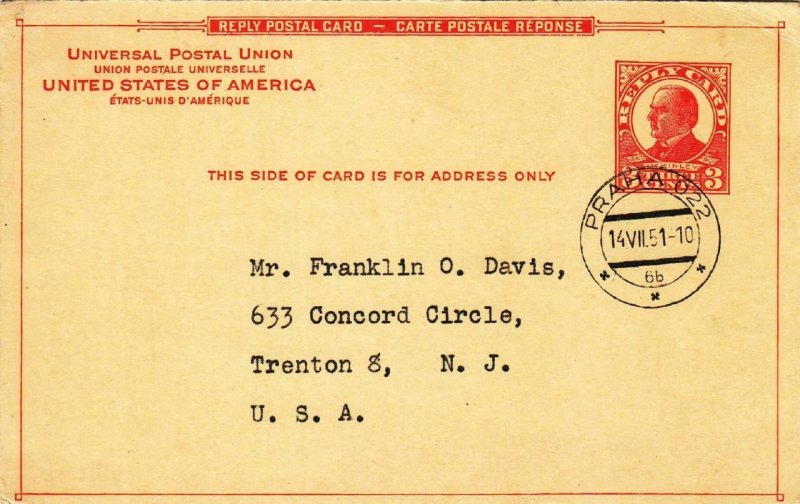 1951, 3c Reply Card (Sc #UY12r) Prague, Czechoslovakia to Trenton, NJ (39165)