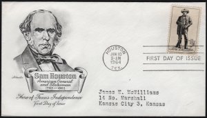 SC#1242 5¢ Sam Houston FDC: Artmaster (1964) Addressed