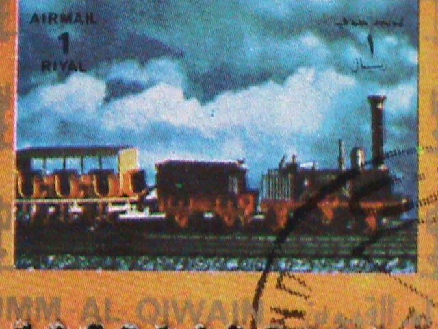 ​UMM AL QIWAIN-1973 WORLD FAMOUS TRAINS CTO MINI SHEET VERY FINE