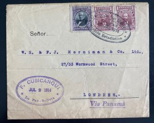 1914 La Paz Bolivia Purple Hand Stamp Cover To London England Via Panama