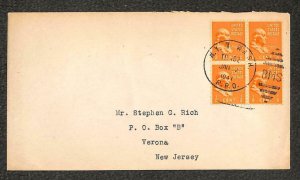 USA #803 BLOCK OF 4 PREXY STAMPS NEW YORK & WASH. RPO TO NEW JERSEY COVER 1941